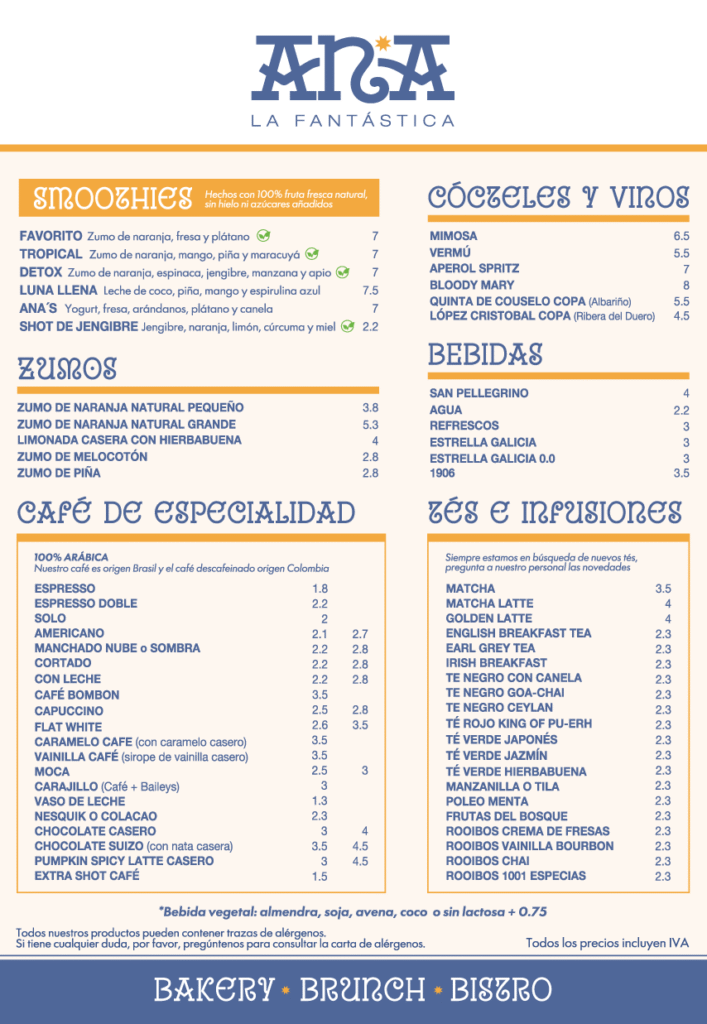 carta bebidas Ana la Fantastica