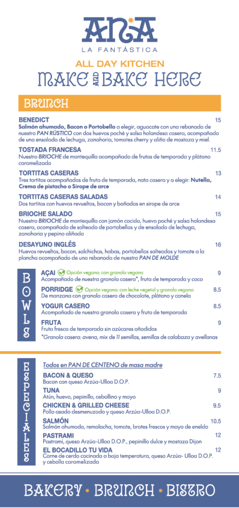 carta bistro Ana la Fantastica