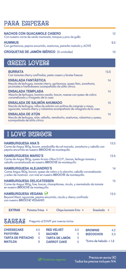 carta bistro Ana la Fantastica